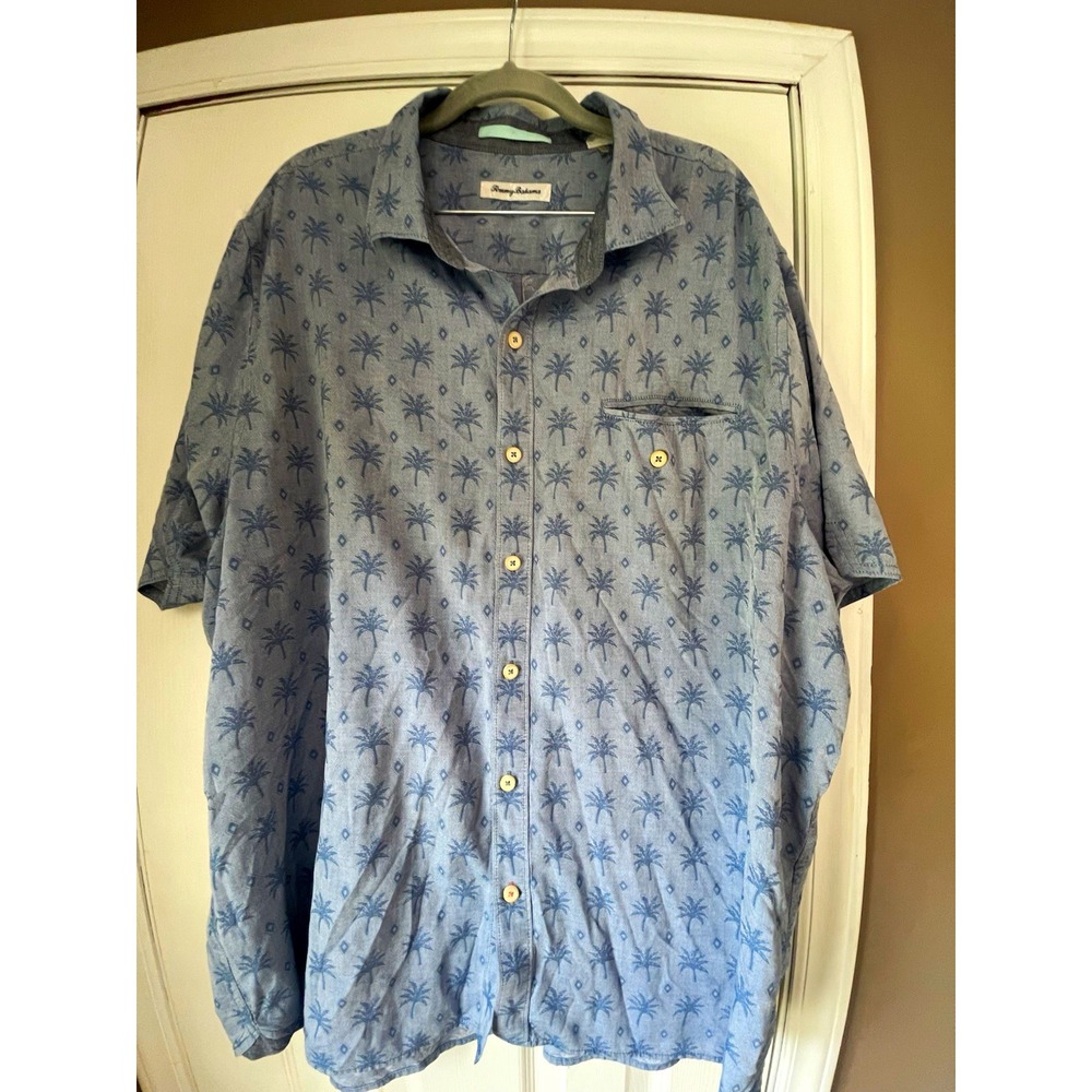 Tommy Bahama Regular Fit Blue Palm Tree Tropical SS Button-Up Shirt 2XL Pockets